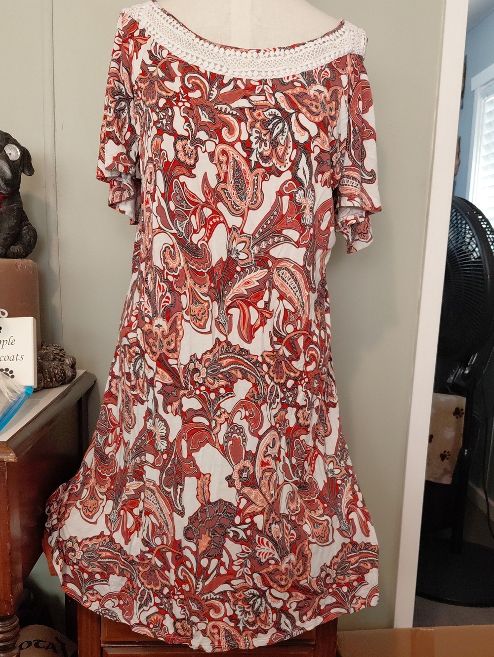 New York & Company Paisley Crochet-Trim Dress in Rust & Cream Cold Shoulder